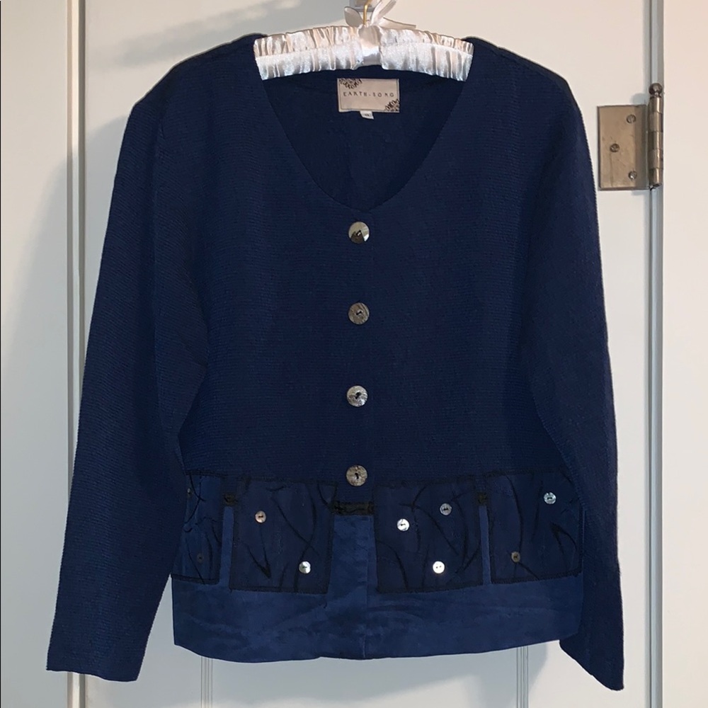 Earthsong Boho Jacket, Shell Button Front, Mixed Textiles, Dark Blue, M to L fit